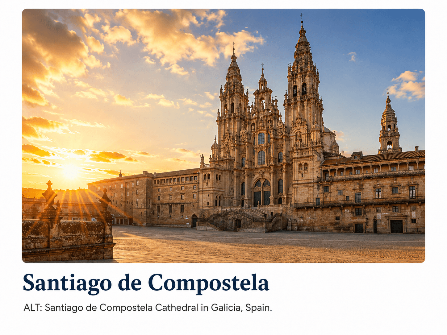 Santiago de Compostela Cathedral at sunset in Galicia, Spain.
