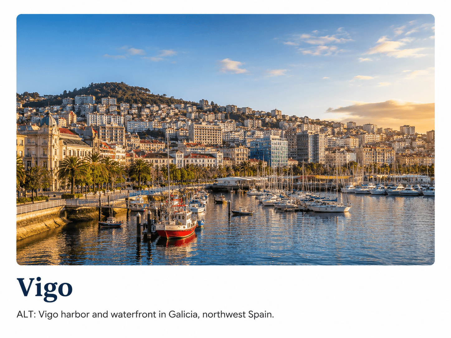 Vigo harbour and waterfront at sunset in Galicia, northwest Spain.