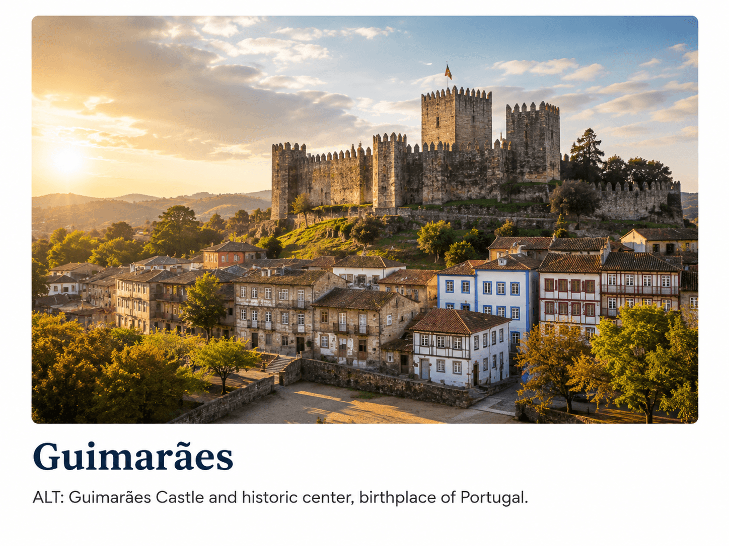 Guimarães Castle and historic centre at sunset, known as the birthplace of Portugal.