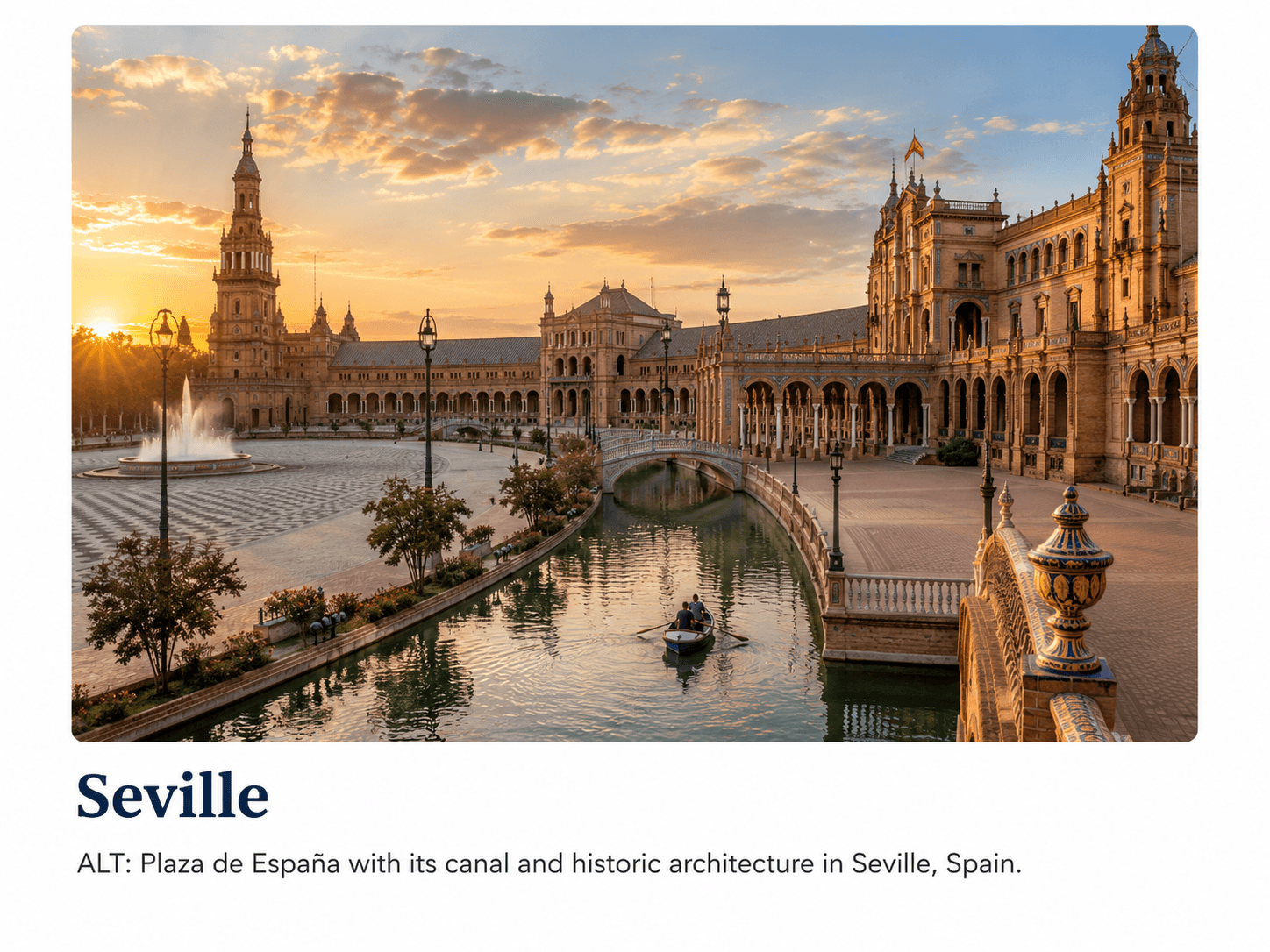 Plaza de España with its canal and historic architecture in Seville, Spain at sunset.