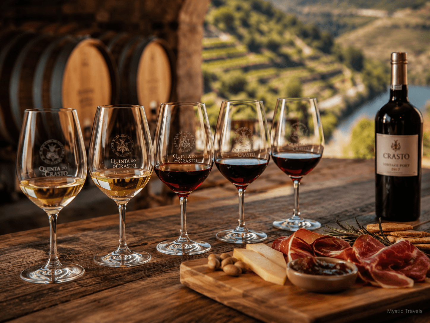 Terraced vineyards along the Douro River in Portugal’s Douro Valley at sunset.